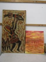 A Batik art material picture and a, Eastern oil on canvas  damage to Batik material as pictured