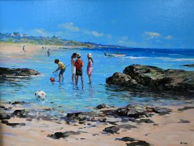 ALLAN NELSON (SCOTTISH b. 1944), BEACH SCENE IN THE ROCK POOLS oil on canvas, signed, titled on