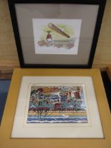 Pen & Ink Highland games sketch signed and a Fishing boat harbour hand signed print  largest