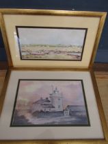 S.Tofts watercolours of seaside scene and lighthouse  35x23cm