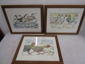 Simon Drew hand signed prints 'Poultry in Motion', 'Waders of the lost ark' and 'great mistakes in