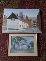 Oil on canvas of a pub signed N.W (58cm x 87cm approx) and a framed print of a house