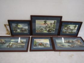 6 x Eastern watercolours signed Cheng largest 38x22cm one has broken glass