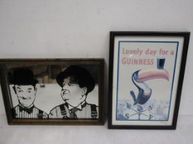 Guinness advert print with Gilroy signature and a Laurel & Hardy mirror 33x23cm approx