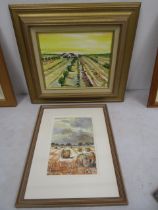 Gill Baguley oil and watercolour paintings of Norfolk scenes 50x43cm (fields) 33x43cm (9Hay bales)