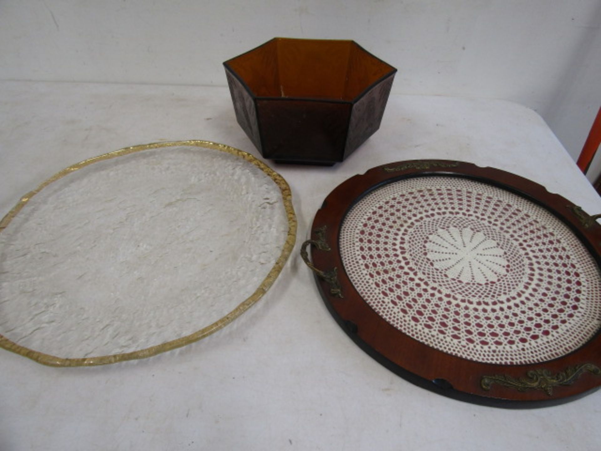 Kingfisher embossed glass bowl, lace doily tray and a glass dish with gilt rim