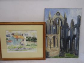 Gill Baguley watercolour of a house 56x47cm and an unsigned painting of a priory