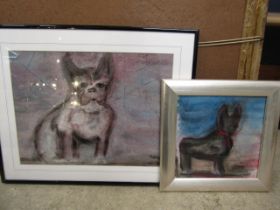 2 original paintings of French Bulldogs signed F. Lucas oil and watercolour