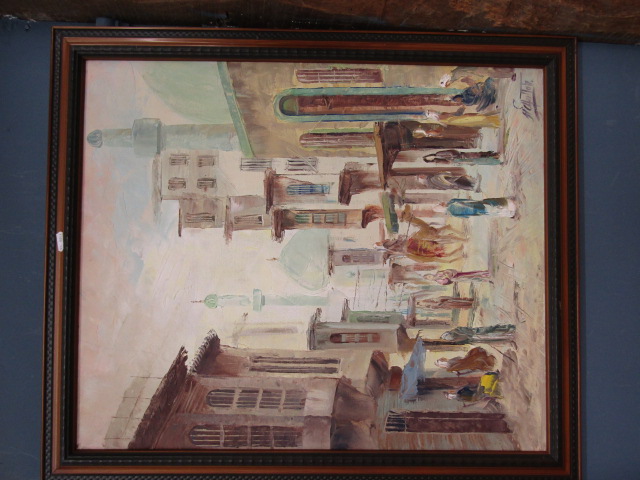 signed oil on board of an Egyptian town scene 69x58cm