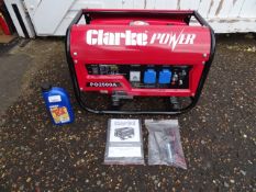 Unused Clarke Power PG2500A 2.2KVA petrol generator with oil etc