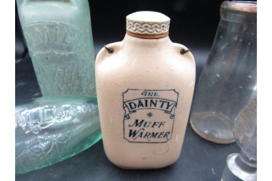 vintage bottles, Muff warmer, knife rests, eye wash glass and decanter stoppers - Image 3 of 6