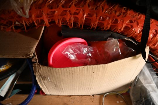 Racking containing various sports equipment including: badminton and tennis rackets; rackets; - Image 6 of 11