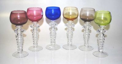 Six Bohemian harlequin hollow twist stem glasses