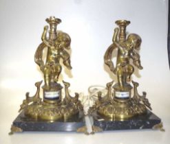 Two cast bronze & marble electric lamp bases