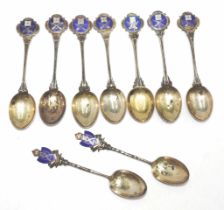 Nine sterling silver & enamel "Rifle" spoons