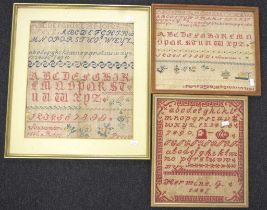 Three antique framed hand embroidered samplers