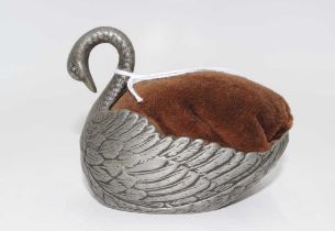 Large vintage silver metal swan form pin cushion