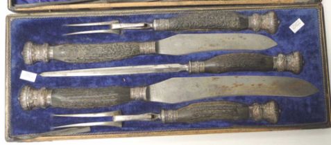 Cased sterling silver & horn 5 piece carving set