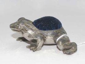 Large vintage silver metal frog form pin cushion