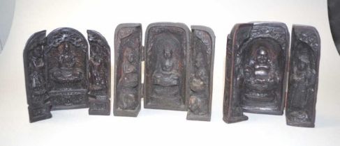 Three various Oriental carved triptych tableaux