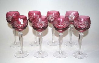 Set of eight Bohemian ruby stemmed wine glasses