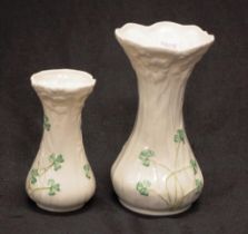 Graduated pair Belleek 'Shamrock' posy vases