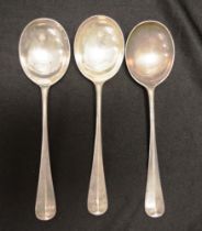 Set three George VII sterling silver soup spoons