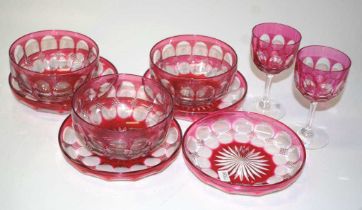Nine Bohemian ruby flash cut glass table wares