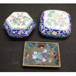 Two Chinese enamel lidded trinket boxes & a dish