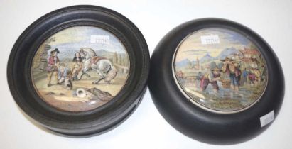 Two antique framed Pratt ware pot lids