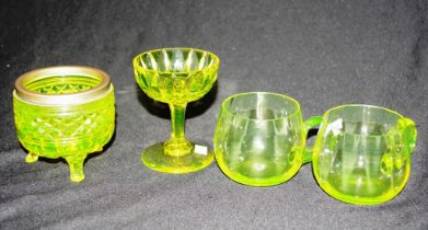 Four various antique yellow glass pieces