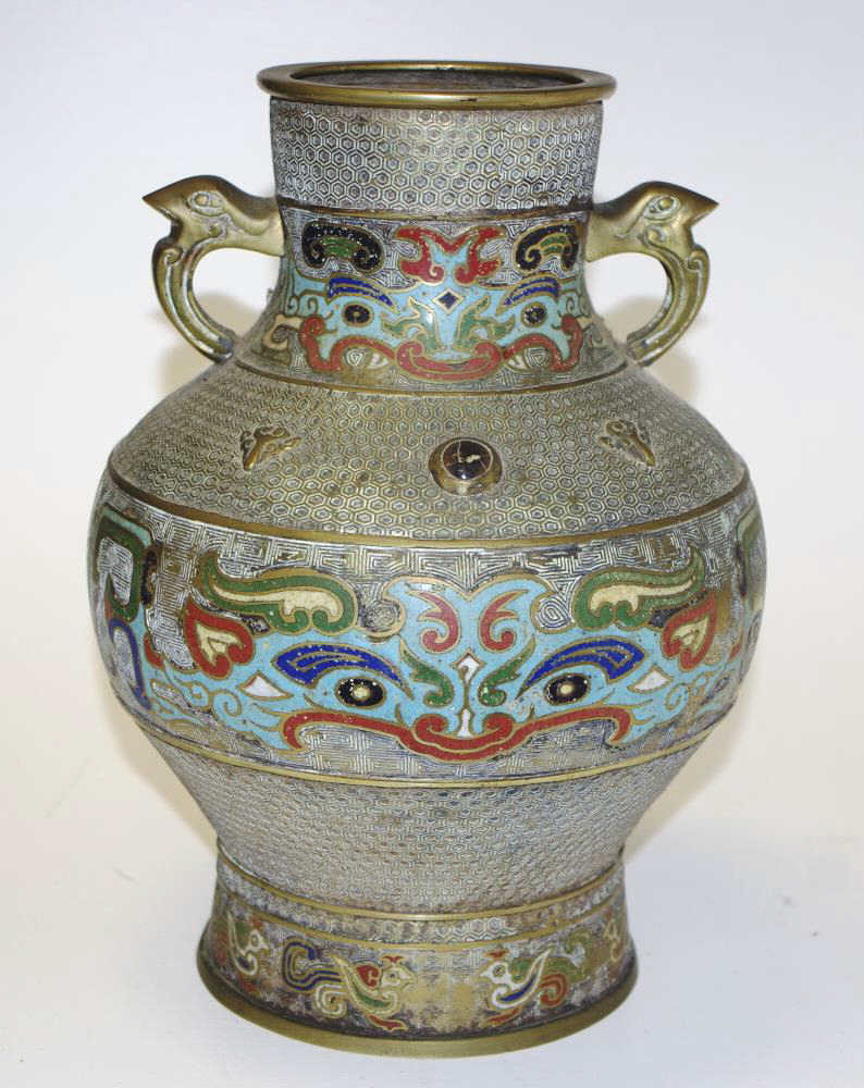 Large Chinese Champleve enamel twin handle vase