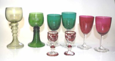 Group six early coloured bowl wine glasses