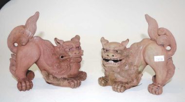 Pair early Oriental carved terracotta temple dogs