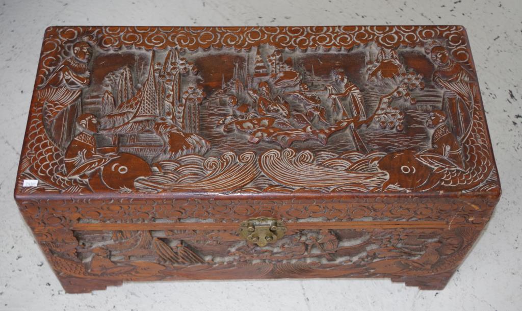 Chinese carved camphorwood trunk - Image 2 of 2