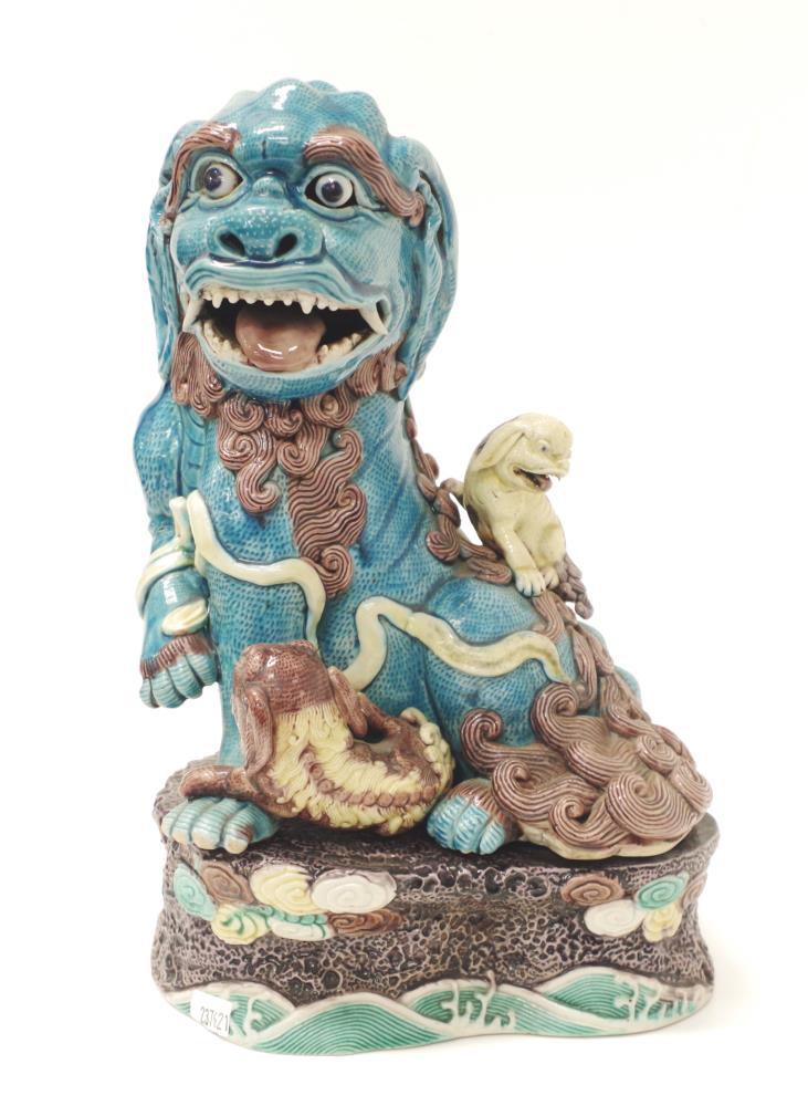 Chinese glazed pottery Foo dog on stand