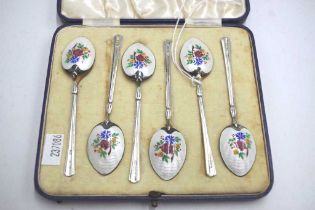 Cased set of 6 silver & guilloche enamel teaspoons