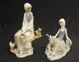 Two various Lladro seated girl with bird figures