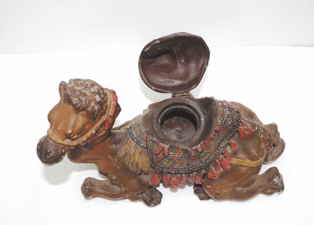 Antique cold painted bronze seated camel inkwell - Image 3 of 5