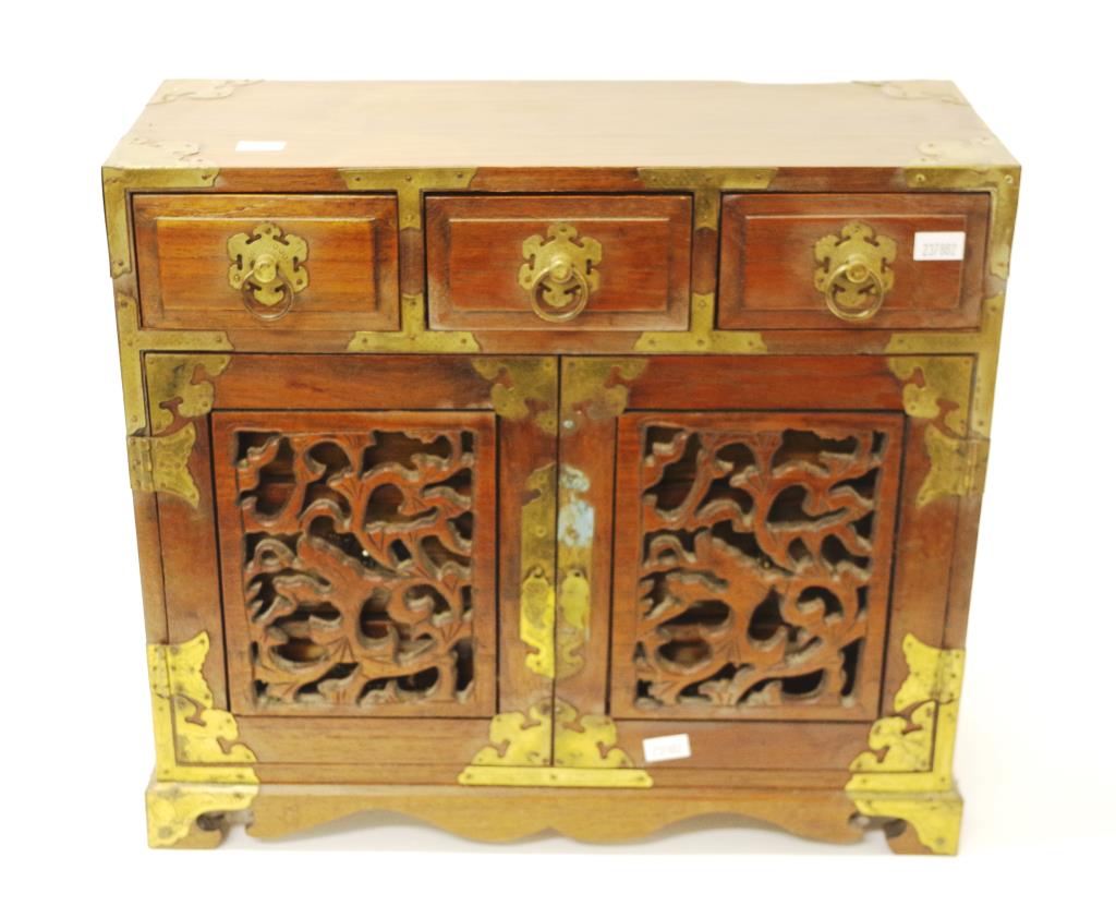 Chinese carved timber miniature jewellery cabinet