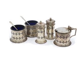 EIIR silver argyle pattern Five piece cruet set