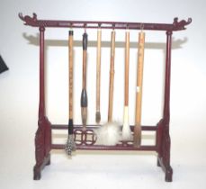 Chinese carved calligraphy brush stand & brushes