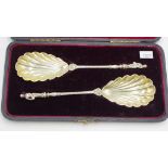 Cased pair Victorian sterling serving spoons