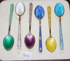 Cased set six English silver & enamel coffee spoon