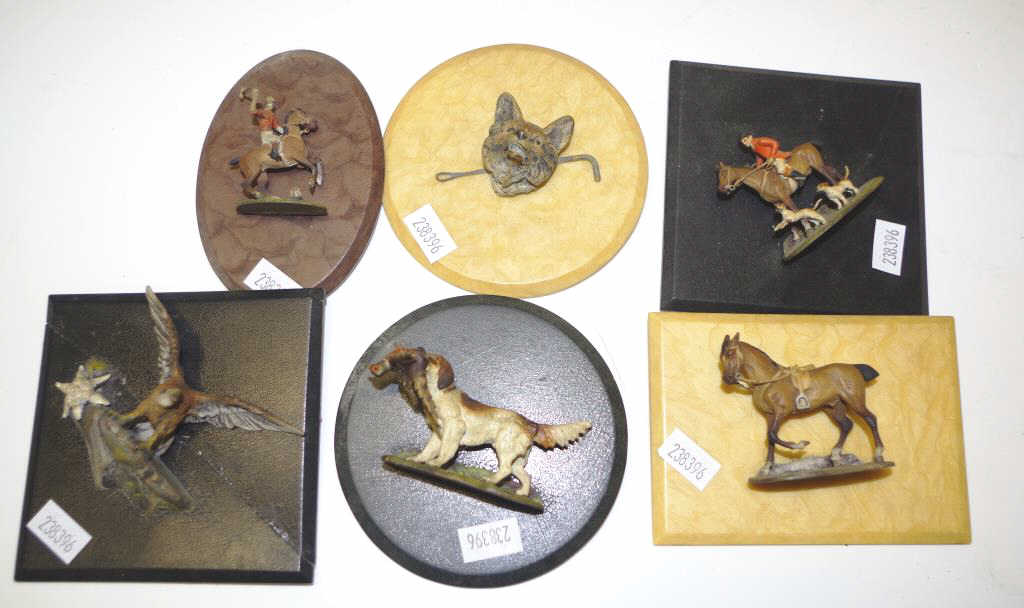 Six mounted miniature cold painted bronze figures