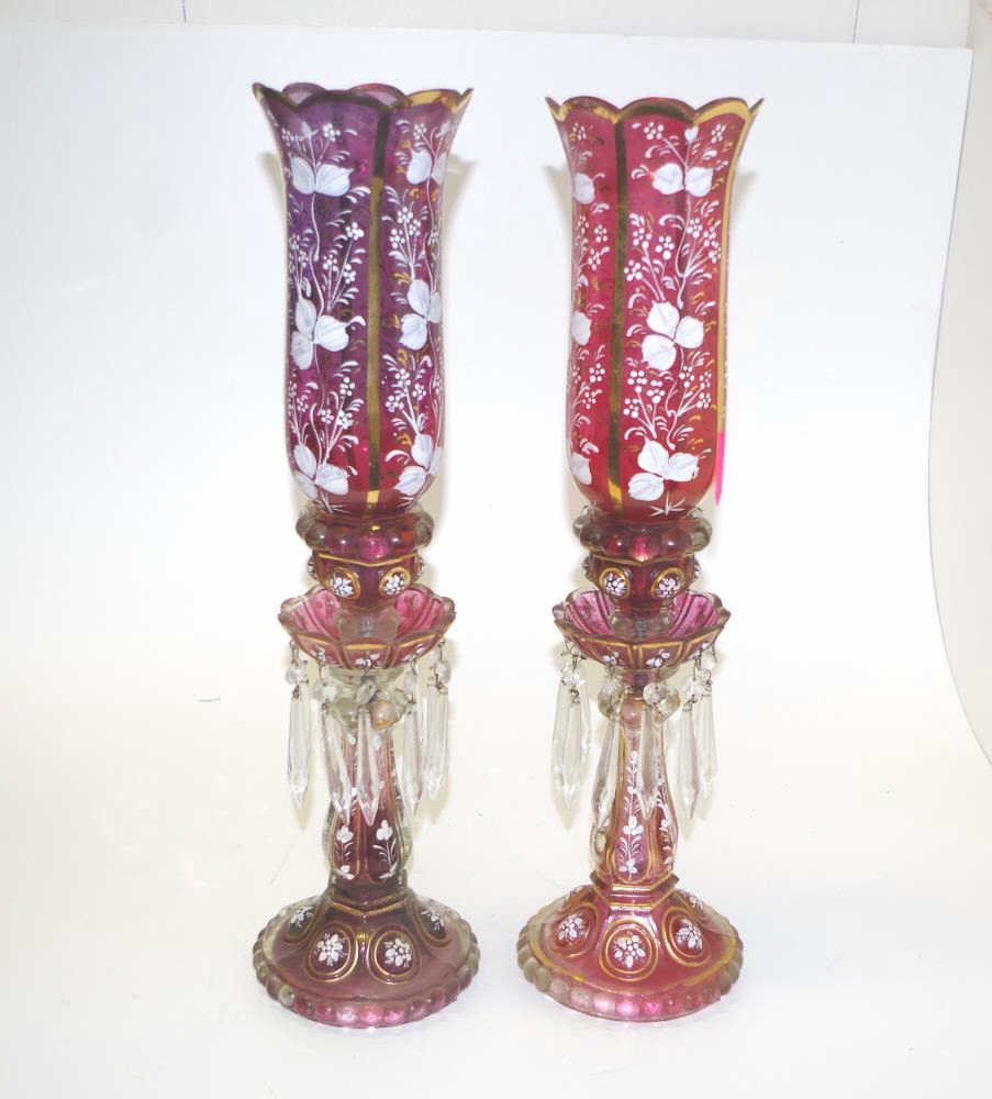 Vintage pair painted pink glass storm candles