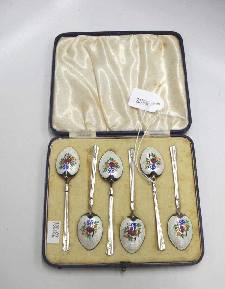 Cased set of 6 silver & guilloche enamel teaspoons - Image 2 of 4