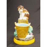 Rare Holdcroft Majolica centrepiece dog on basket