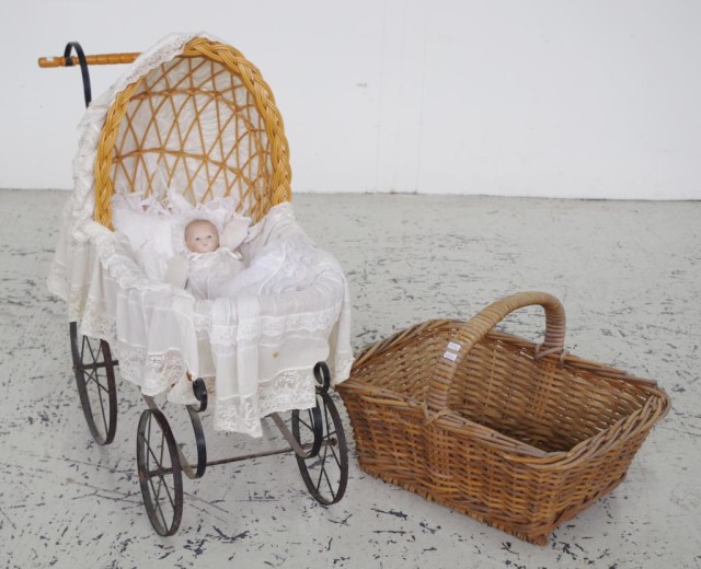 Rattan and metal dolls pram