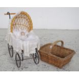 Rattan and metal dolls pram